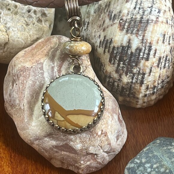 Braided Leather Necklace, Picture Jasper Pendant, Womens Mens Layering Necklace - Picture 4 of 6